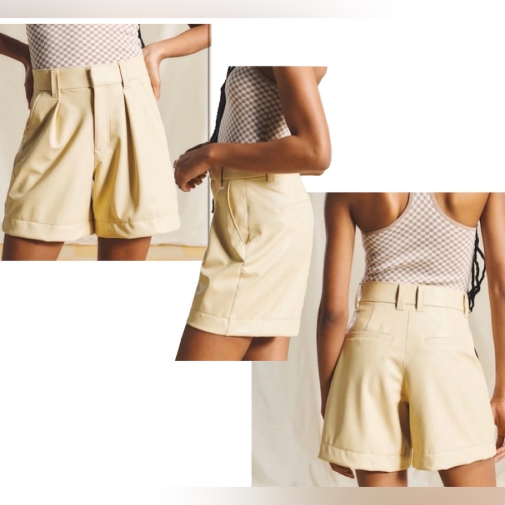Abercrombie & Fitch Cream Faux Leather High Waist Pleated Tailored Shorts S